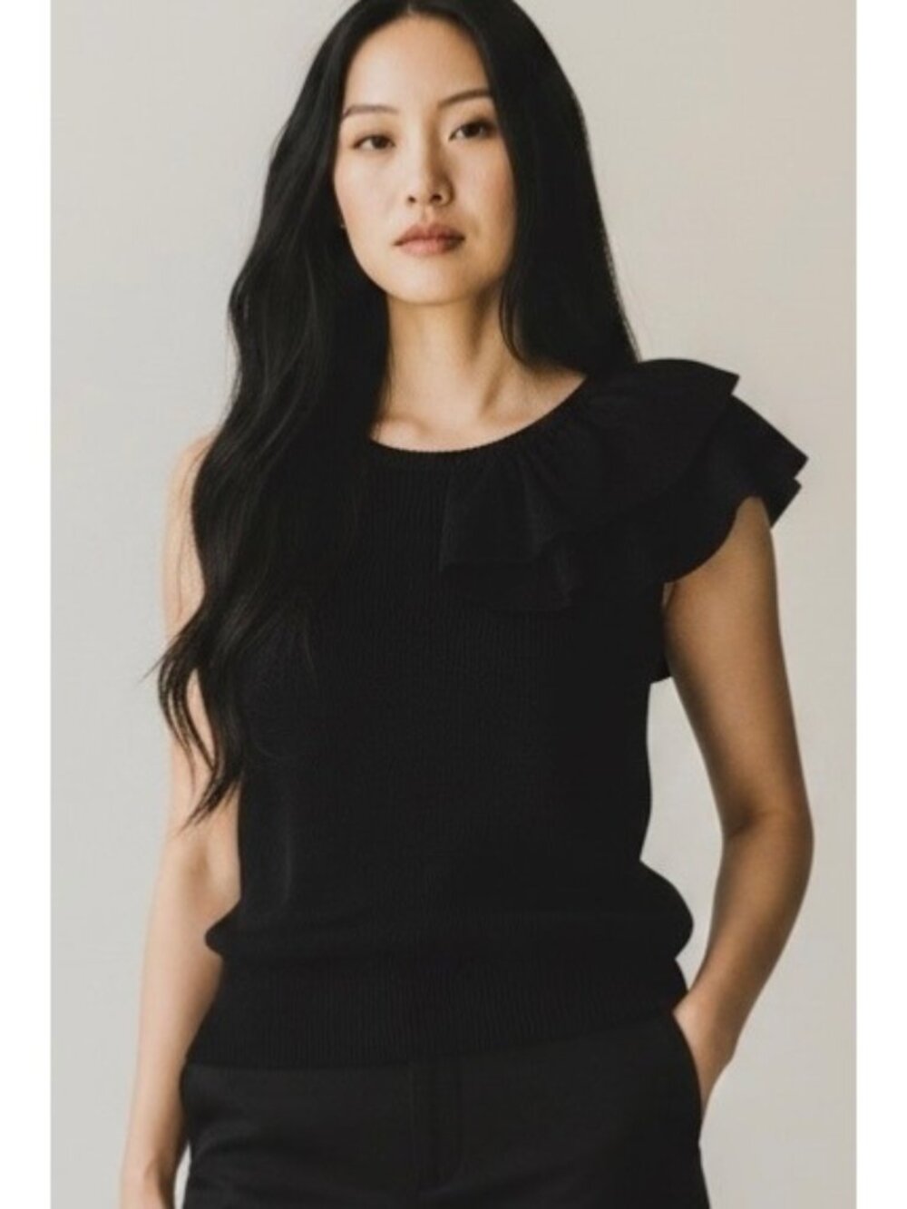 LINE Black Viscose Knit Sleeveless One Shoulder Ruffle Accent Sweater Size Small
